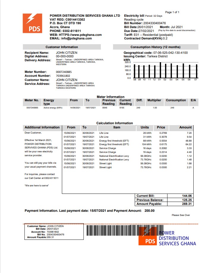 Ghana PDS electricity utility bill